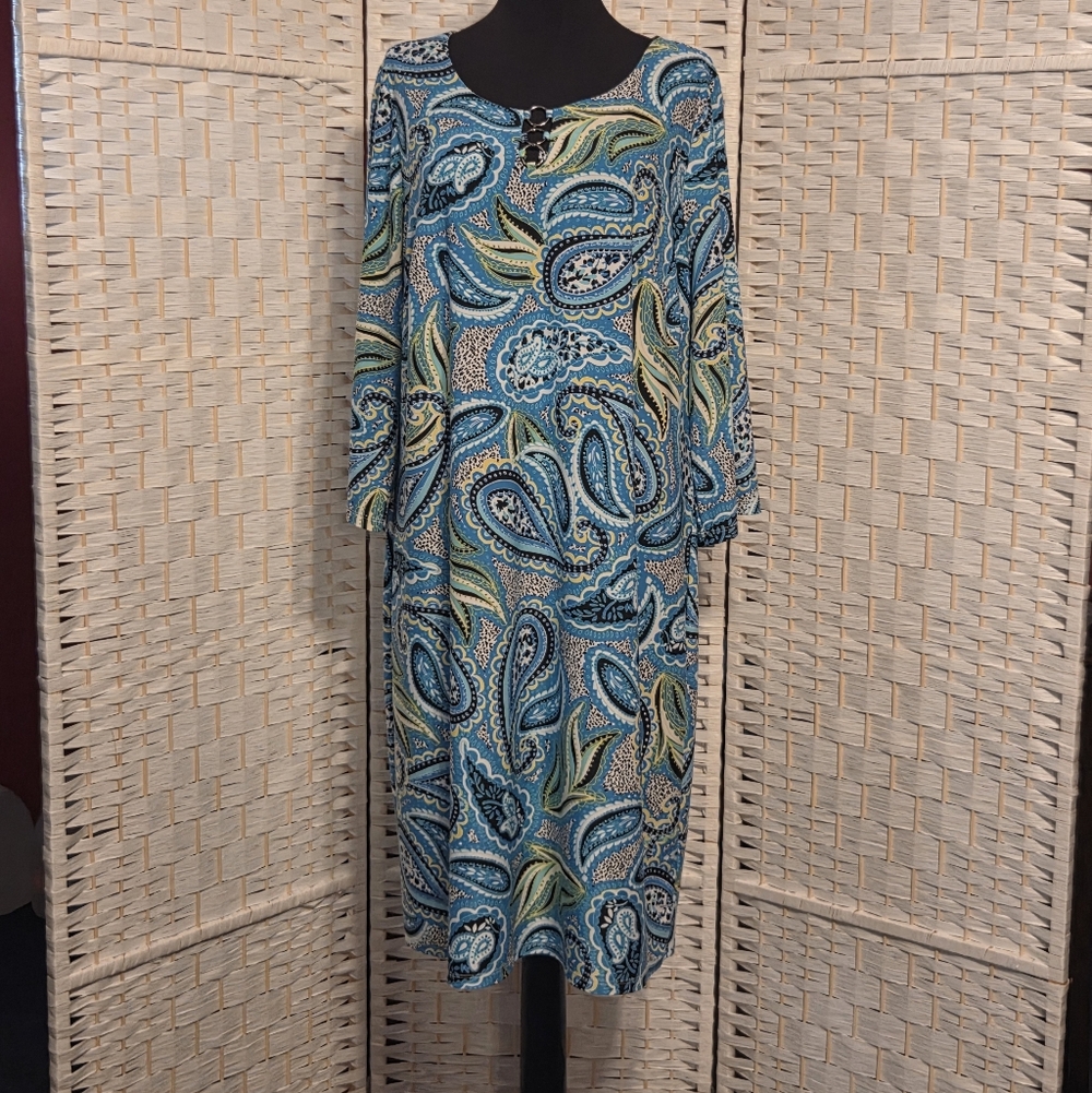 Elegant Paisley Print Dress In Turquoise, Tacera Size 1X 3/4 Sleeve